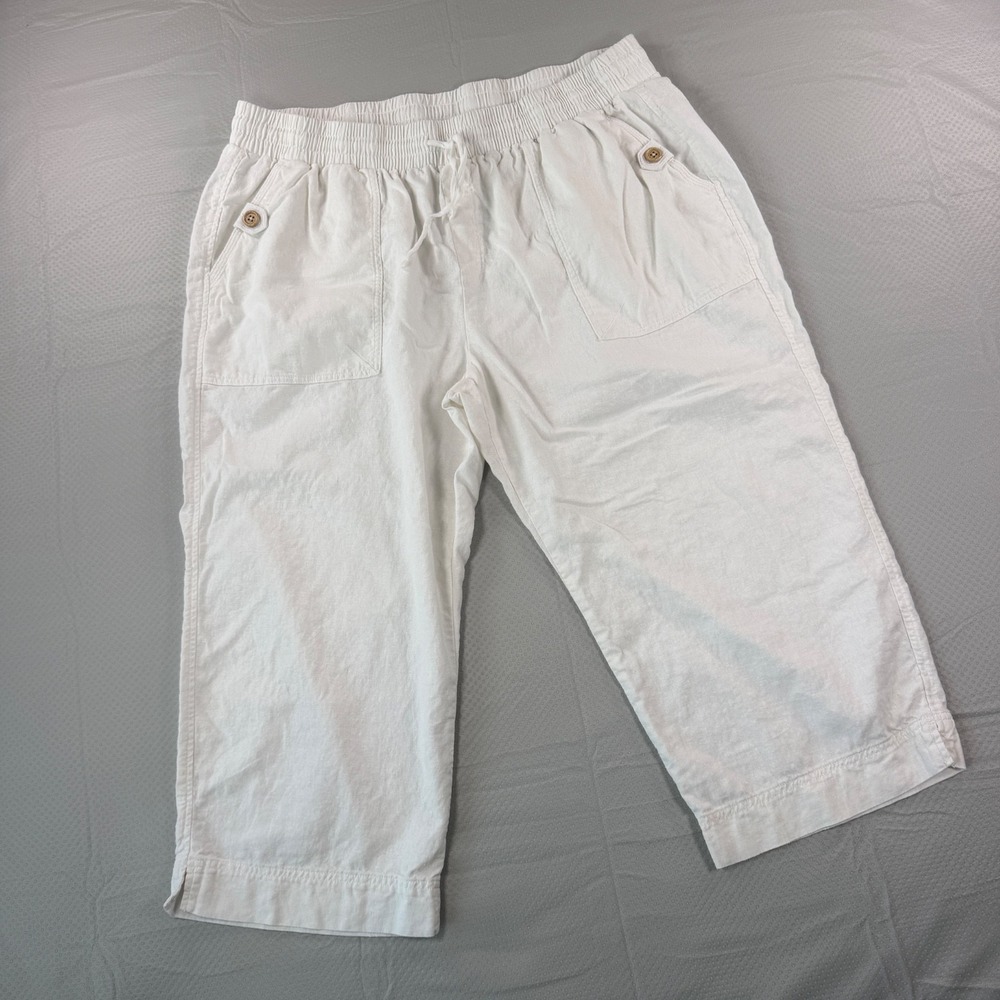 Westbound Woman Linen Capris Pants Womens 2X White Elastic Drawstring Mid Rise